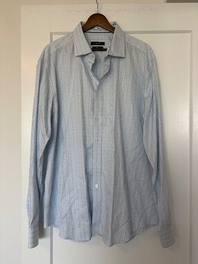 Bugatchi Shaped Fit Dress Shirt Size 17 Light Blue Window Check — Like New